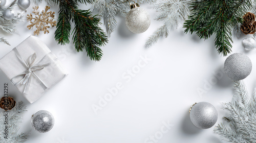Minimal Christmas frame with pine branches and ornaments background copy space