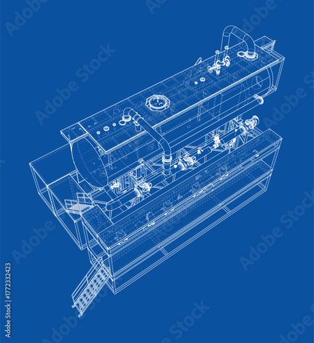Industrial Machine Blueprint on Blue Background