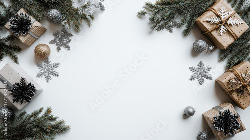 Minimal Christmas frame with pine branches and ornaments background copy space
