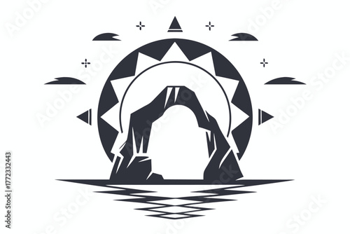 Symbolic rocky arch and water reflects above, below geometric shapes surrounding monochrome scenery