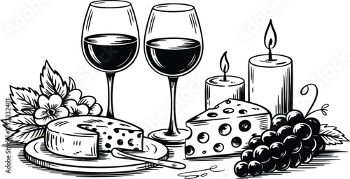 Two glasses of red wine cheese and grapes with candles