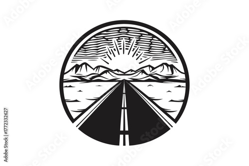 The road stretches towards mountains under a bright sun in an oval frame