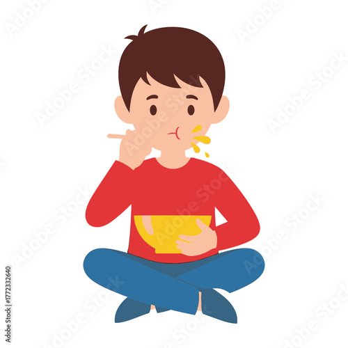 A young boy is sitting and eating from a bowl, food splattered.