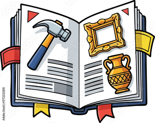 Open Book Displaying Ancient Artifacts and Tools With Red Yellow Ribbons and Geometric Shapes