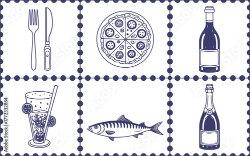 Blue line art food and drink icons on white background