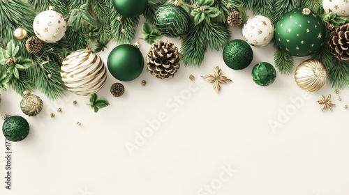 Minimal Christmas frame with pine branches and ornaments background copy space