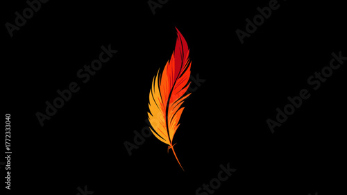 Elegant stylized feather icon with a vibrant gradient of red, orange, and yellow hues on a stark black background.