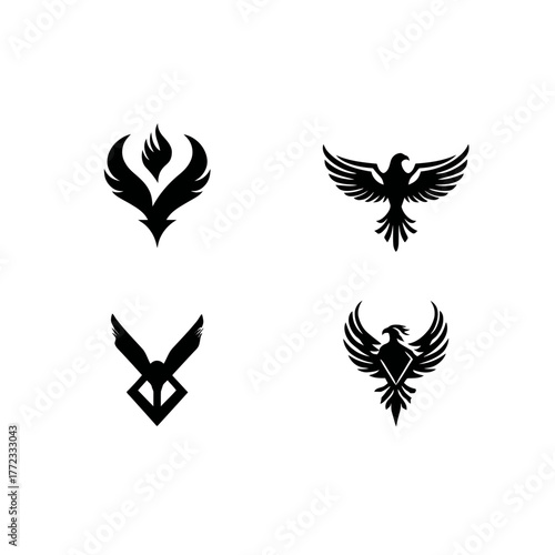 Phoenix bird logo collection. Mythical fire bird symbols, stylized eagle icons with spread wings and flames. Abstract vector design elements.
