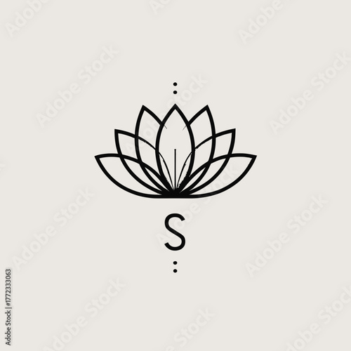 Minimalist outline lotus flower drawing with abstract letter S, symbolizing purity, growth, and spiritual wellness on a light background.