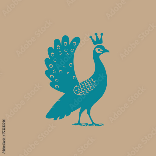 Elegant stylized blue peacock with a crown illustration, majestic royal bird icon design on a brown background.
