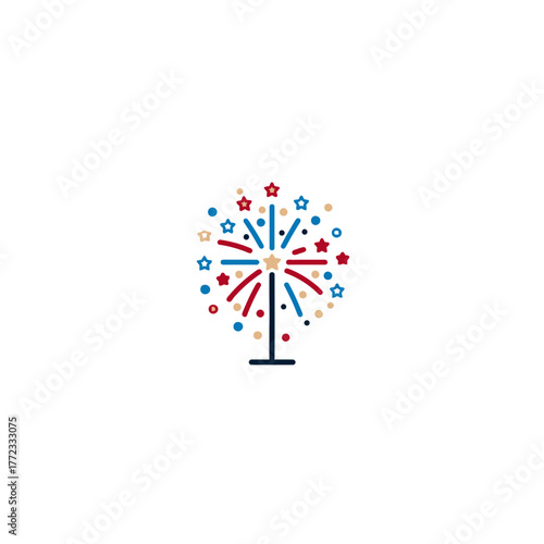 Abstract celebratory fireworks explosion icon with red, blue, and gold stars for events, holidays, and special occasions graphic