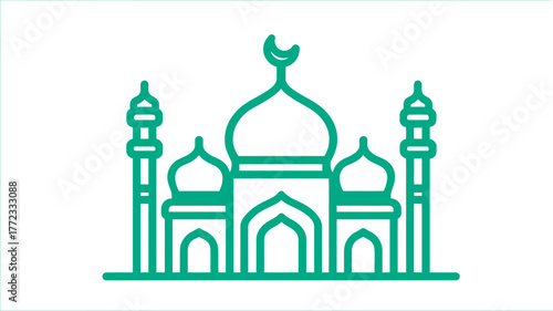 Minimalist Mosque Line Art Icon with Dome, Minarets, and Crescent Moon, Representing Islamic Culture and Religion