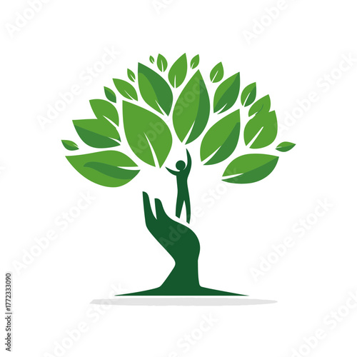 Human Hand Tree with Person Reaching for Green Leaves. Concept of Eco-Friendly Growth, Nature Care, Sustainability, and Environmental Protection.