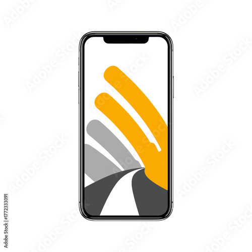 Modern smartphone displaying an abstract graphic with a receding road and dynamic yellow and grey shapes on a clean white background.