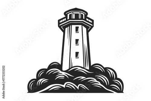 Towering monochrome lighthouse stands strong amidst stylized waves, showcasing maritime architecture and seaside navigational aid