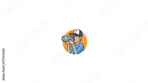 Cartoon illustration of a photographer taking a picture with a camera and telephoto lens, depicting a hobby or profession