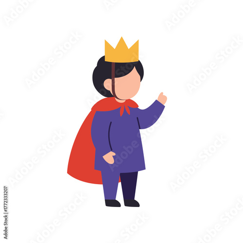 A young child wearing a crown and cape, raising a hand in a greeting or gesture.