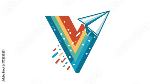 Creative vector illustration of a paper airplane taking off from a stylized 'V' shape with colorful stripes, symbolizing travel and communication.