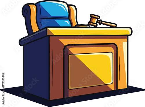 Pixel Art Judge's Bench With Gavel And Chair In Cartoon Style