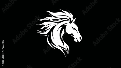 Majestic white horse head profile vector illustration with flowing mane on black background, symbolizing power, freedom, and elegance.