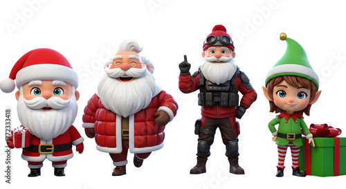 Four cartoon characters, including three santas and one elf, standing together isolated on transparent background