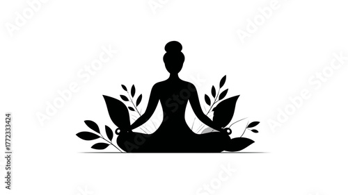 Meditating person silhouette in lotus pose surrounded by leaves. Yoga, peace, mindfulness, nature, and holistic wellness concept.