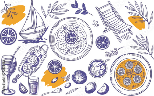 Hand drawn summer picnic food and drink with sailboat and chair