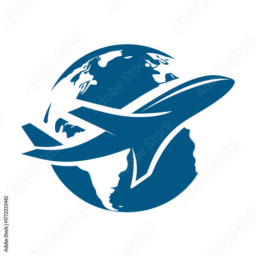 Global travel concept with a modern blue airplane flying around a stylized world map, symbolizing international aviation and tourism.