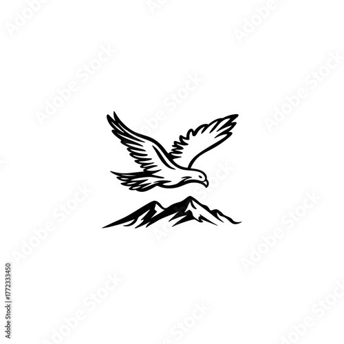 Flying eagle above mountain peaks, monochrome vector illustration, powerful bird of prey in nature, emblem design.