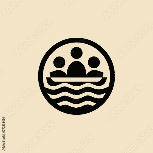 Teamwork and journey concept: three stylized people in a boat on water, minimalist round vector icon
