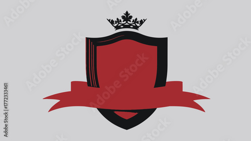 Blank royal heraldic crest with crown and banner vector template. Red and black shield emblem design element.