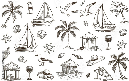 Hand drawn beach scene elements palm trees sailboats seagulls huts