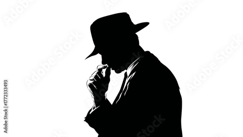 Mysterious silhouette of a thoughtful man in a fedora hat, deep in contemplation, isolated on a stark white background.