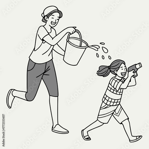 artboard with characters couple splashing wate