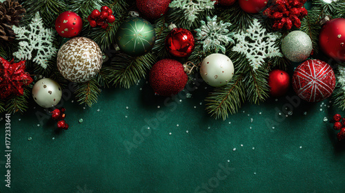 Green Minimal Christmas frame with pine branches and ornaments background copy space