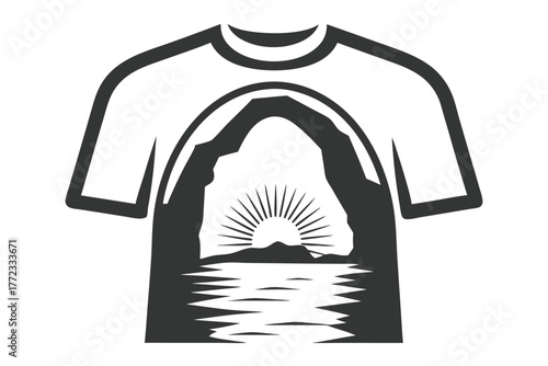 White shirt showcases a silhouette of arches, water, and sunrise, creating an outdoor scene