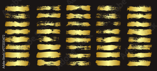 Golden brush strokes, lines, ink smudges, hand-drawn scribble shapes. Handmade sketchy marks, acrylic stains, charcoal streaks. Paint textures, dry brush effect. Marker underline. Vector illustration