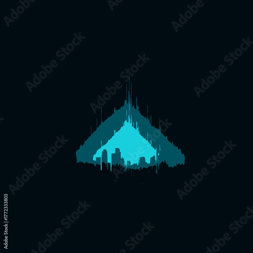 Futuristic abstract city skyline silhouette with bright cyan glow on dark night background. Digital urban architecture concept.