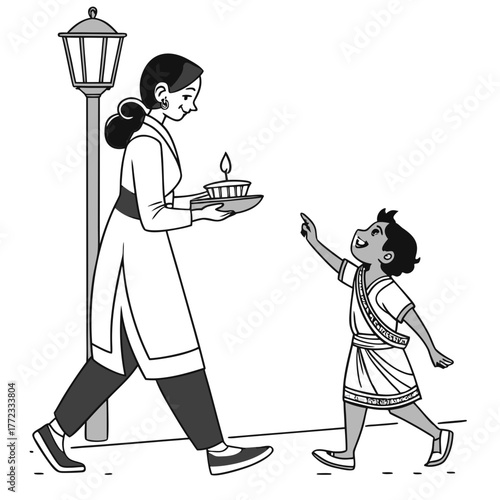 artboard with characters couple lighting diya