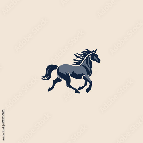 Dynamic running horse vector illustration. Powerful dark horse galloping icon. Elegant equestrian design on light background.