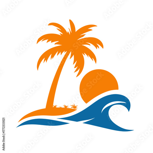 Vibrant Tropical Island Beach Scene with Palm Tree, Ocean Wave, and Sun Vector Illustration