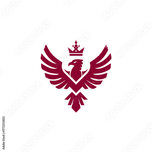 Crowned eagle logo design with outstretched wings, heraldic and majestic bird emblem symbol for strength, power, and royalty.