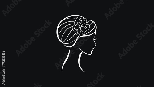 Elegant Woman Profile with Floral Updo Hairstyle. Sophisticated Minimalist Beauty Line Art Illustration on Black Background.
