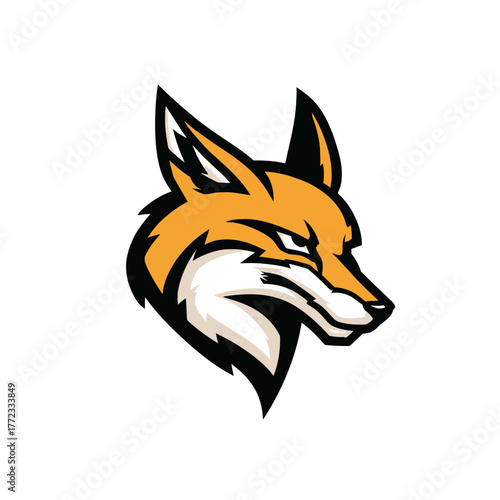 Stylized fox head illustration, dynamic mascot graphic design element, fierce wild animal profile vector art
