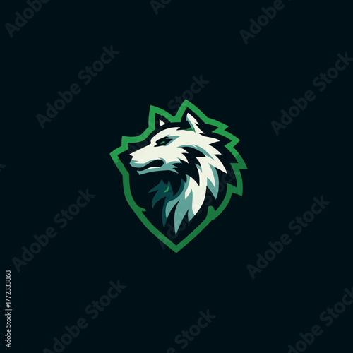 Fierce stylized wolf head emblem with a powerful gaze, green outline, animal mascot design for esports and gaming teams.