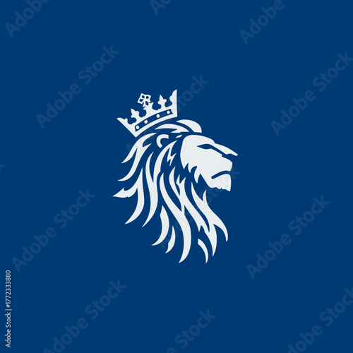 Majestic crowned lion head illustration in profile. Regal white animal emblem on a solid royal blue background, symbolizing strength and royalty.