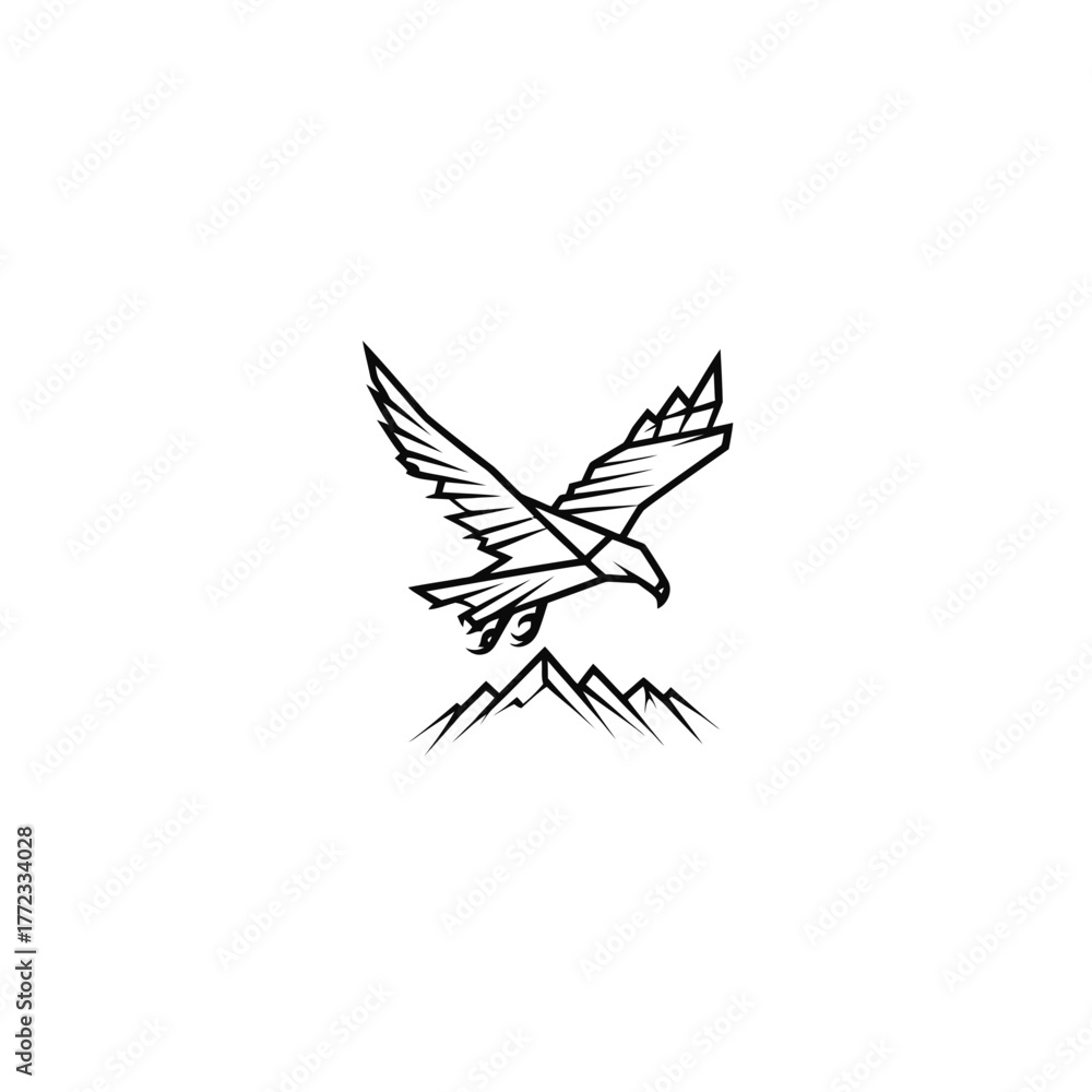 Obraz premium Majestic eagle in flight over mountain peaks line art illustration, symbolizing freedom, power, and nature