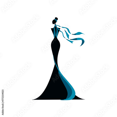 Stylized elegant woman in a long black evening gown with flowing teal fabric, sophisticated fashion illustration, glamour silhouette design.