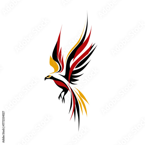 Striking stylized eagle graphic in flight with abstract black, red, and gold design, ideal for power and freedom concepts.