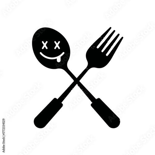 Black Silhouette Vector Icon of Crossed Spoon and Fork with Funny Dead Face Expression, Humorous Kitchen Utensil Graphic